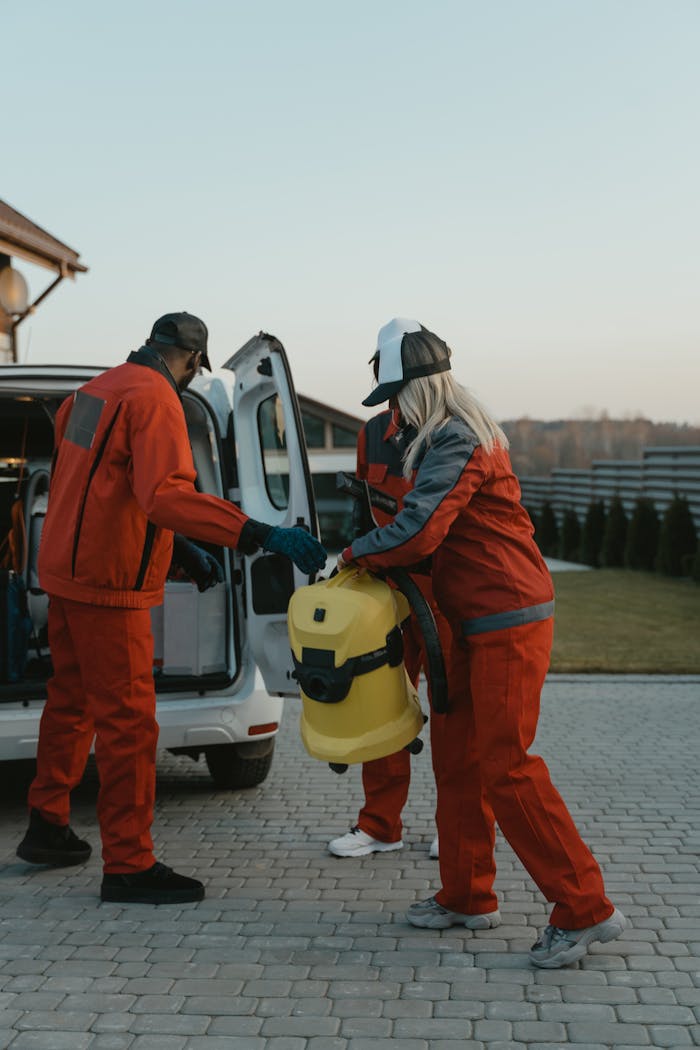 journey Workers in uniforms load outdoor equipment into a van on a sunny day.