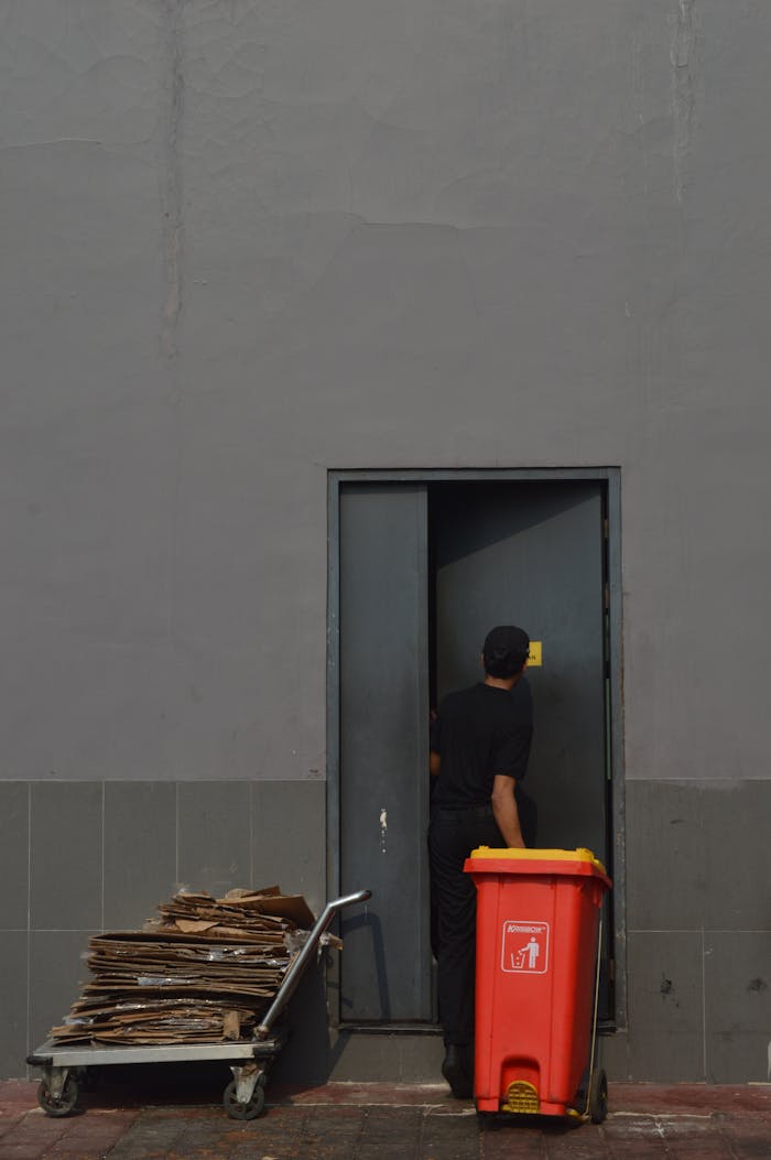 services-01 A person disposes of cardboard with a red trash bin, entering an industrial door.